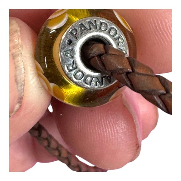 Pandora Brown Braided Double Leather Bracelet With Yellow Glass Charm Sterling - Picture 4 of 8
